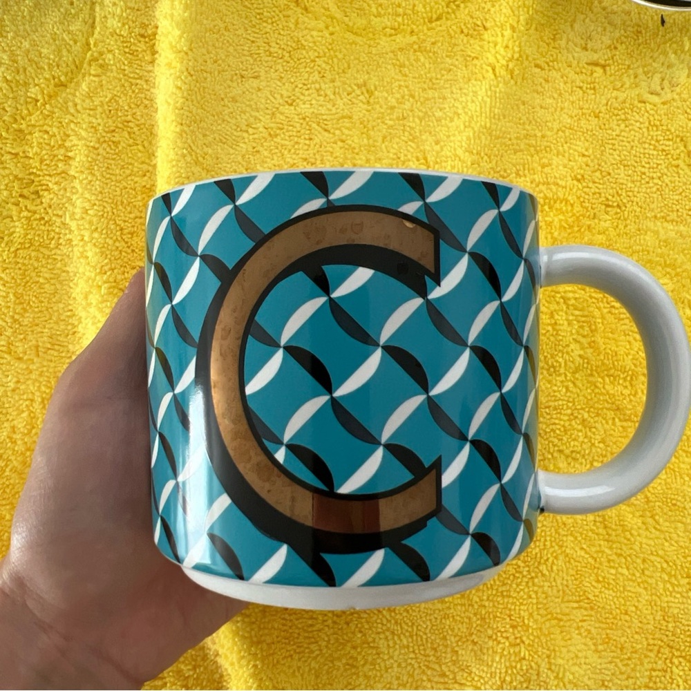 NEW West Elm Vintage Initial " C "  gold  blue Coffee Cup Tea Drinking Mug